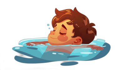 A little boy is lying on his back in the water, with brown hair and short curly hair. The illustration is in a flat style with a black background and simple design. The vector graphics use simple lines in a game art style with a cute cartoon character design and soft colors. The minimalist style image has high resolution, definition, quality and detail. It uses high key lighting with a solid color background for the 2D flat illustration. The simple line art and coloring use simple strokes for a full body shot in the style of simple line art.