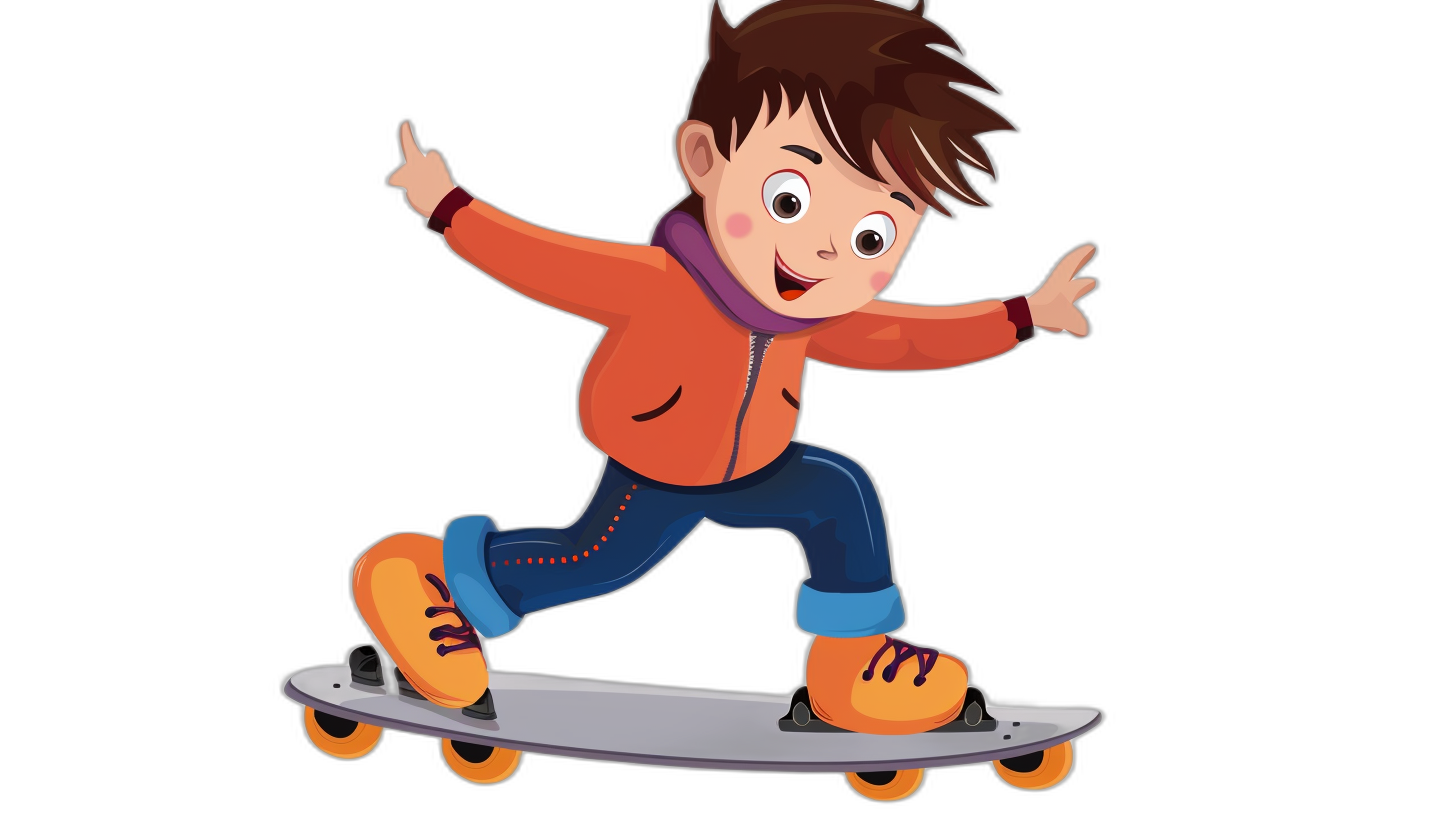 cartoon boy on skateboard, clip art for kids in the style of cartoon style, black background, high resolution