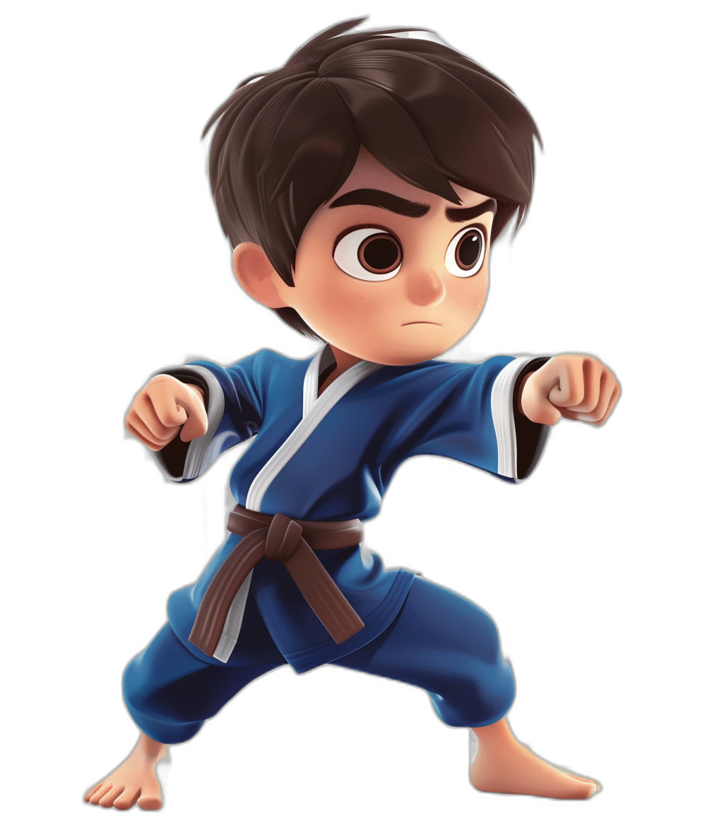 A cute boy in a blue jiu-jitsu outfit, ready in a fighting pose, with a simple chibi character design, 3D isometric render, on a black background, with big brown eyes and dark hair, white skin color, in the style of Pixar animation, wearing a karate belt around his waist. The overall look should be playful yet serious, suitable for an animated film or game art, focusing on vibrant colors and detailed textures that give it a three-dimensional appearance.