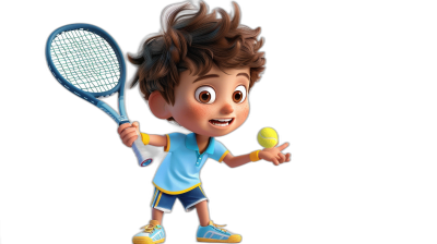 A cute boy playing tennis in the style of cartoon characters, in the Disney Pixar animation style, on a black background, holding the racket and ball in his hand, wearing blue shorts with yellow stripes, wearing sneakers and sports shoes, with brown hair styled up, big eyes, a smiling face, a happy expression, a cute smile, cute facial features, with 3D rendering, at high resolution.