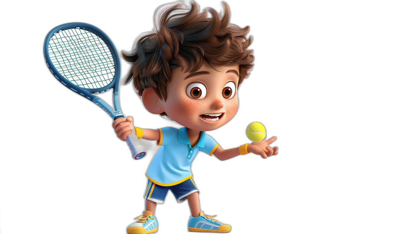 A cute boy playing tennis in the style of cartoon characters, in the Disney Pixar animation style, on a black background, holding the racket and ball in his hand, wearing blue shorts with yellow stripes, wearing sneakers and sports shoes, with brown hair styled up, big eyes, a smiling face, a happy expression, a cute smile, cute facial features, with 3D rendering, at high resolution.