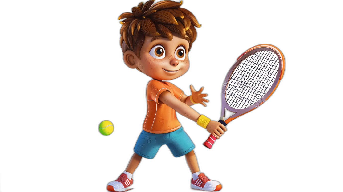 Cute boy playing tennis, full body character design in the style of Disney Pixar on a black background, wearing an orange t-shirt and blue shorts with white stripes, holding a racket with his right hand while hitting the ball to another player, with a cartoon face, brown hair with messy bangs, big eyes, a smiling expression, a sporty look, bright colors, a vibrant atmosphere, 3D rendering.