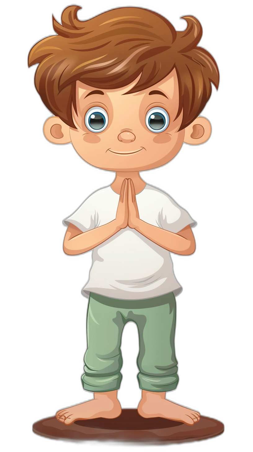 A cute cartoon boy doing yoga, with brown hair and blue eyes wearing a white t-shirt and green pants standing on his feet, hands folded in front of his chest in the style of a praying pose with a happy expression on his face. Vector illustration on an isolated black background.