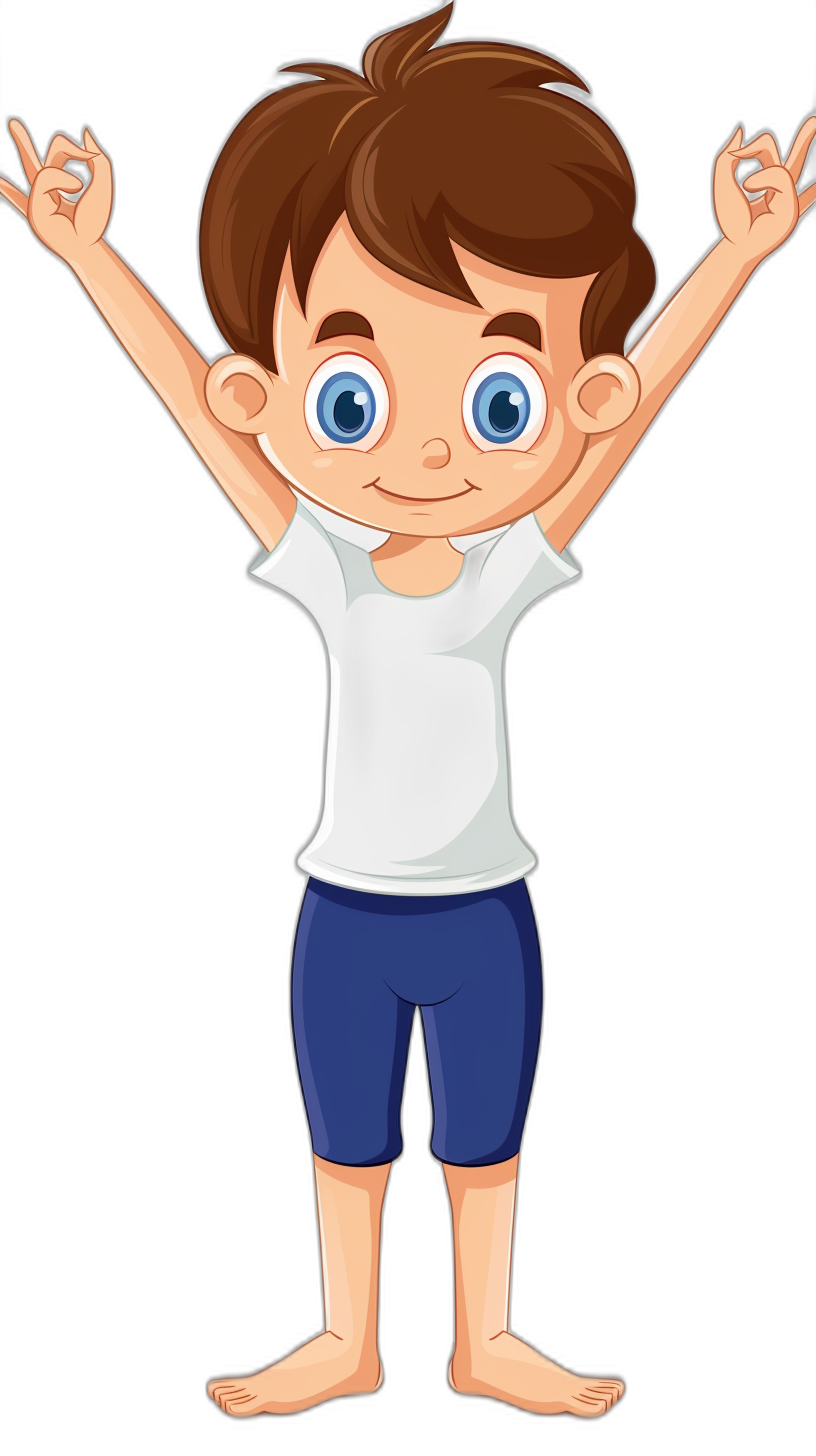 cartoon illustration of happy boy doing yoga, brown hair and blue eyes wearing white tshirt with dark royal shorts on black background, hands up in the air