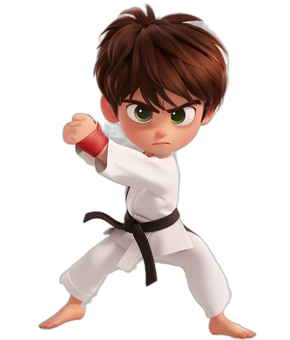 A cute little boy with brown hair and green eyes is practicing karate, wearing a white karate uniform with a black belt around his waist. He has one leg in front of him while the other stands on its back foot. The background is pure black. With a cartoon style and cute character design, this is a full body shot of the boy in the style of Pixar, with 3D rendering at a high resolution.