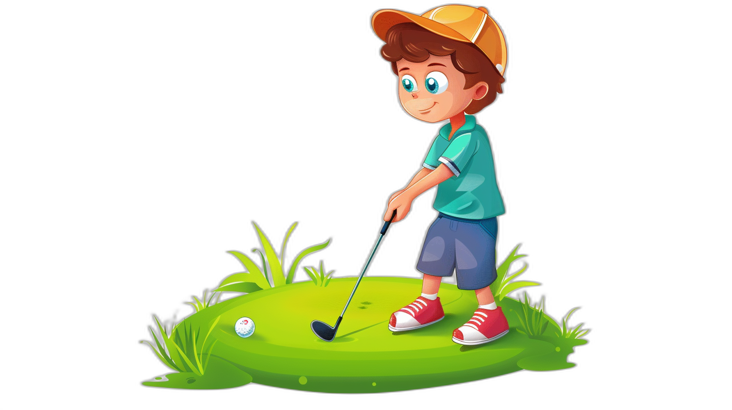 A cute cartoon boy playing golf in the style of a simple flat vector illustration against a black background in a simple design with low details and a 2D game art style with flat shading and bold lines. The playful and whimsical character is isolated on a white background in the style of children’s book illustrations that are colorful, high resolution, high quality and high in detail.