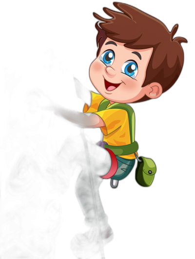 A cartoon boy climbing on black background, cute style, happy face, brown hair and blue eyes, wearing yellow shirt with green bag over shoulder, climbing rope, black pants, colorful cartoon illustration, high resolution