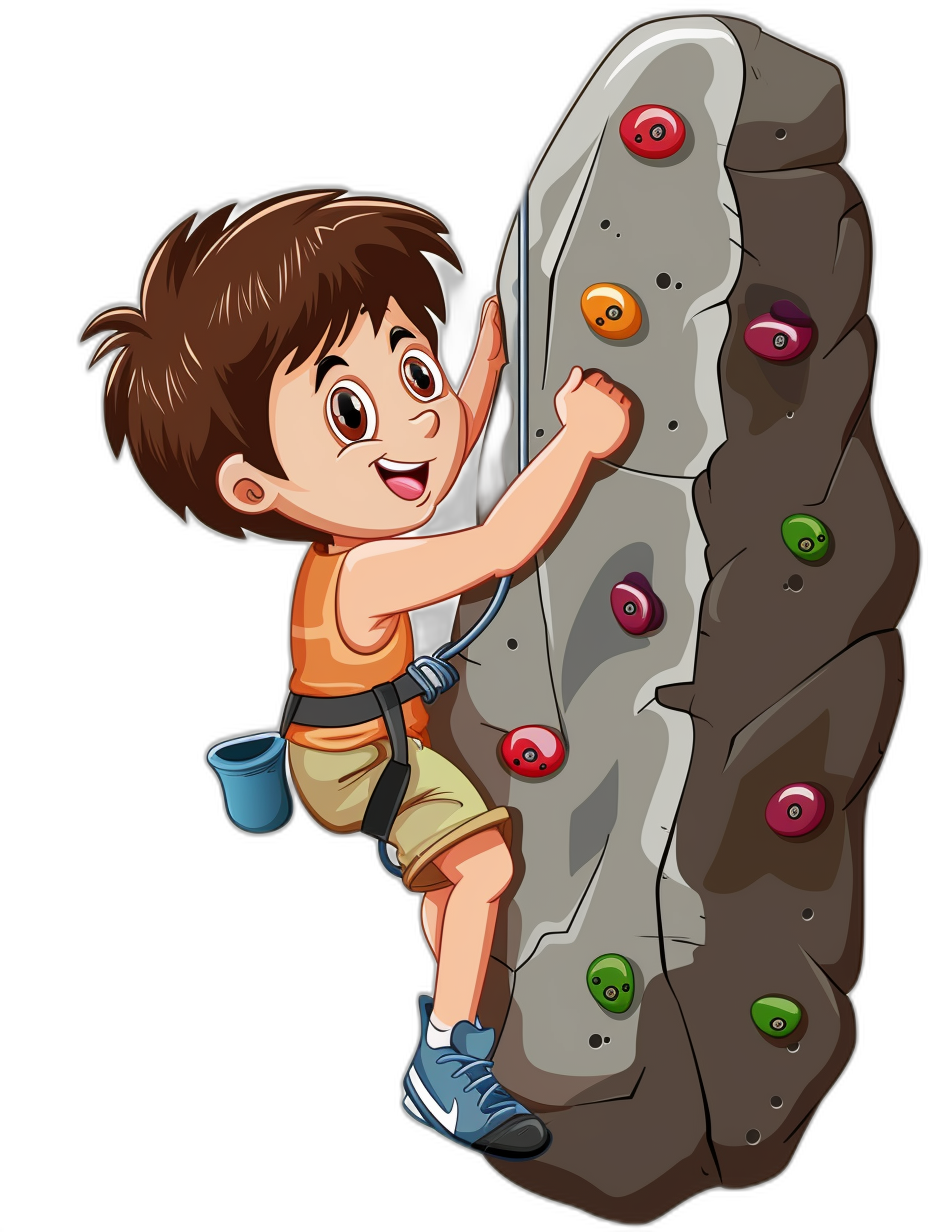 A cartoon boy climbing on a rock wall in the style of clip art with a black background.