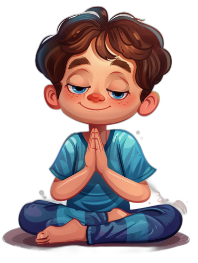 cartoon boy with brown hair and blue eyes wearing pajamas, doing a yoga pose with hands together in prayer, cute, smiling on a black background, in the style of chibi.