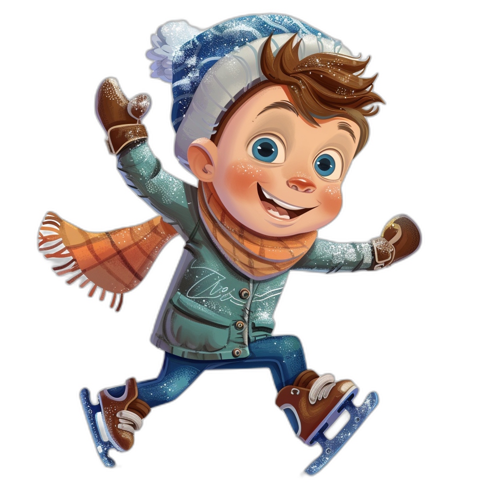 A cute little boy ice skating, cartoon style with black background, wearing winter  and hat, cheerful expression on his face, detailed illustration of the character’s  and accessories, high resolution, high quality, high detail, colorful, full body portrait, bright colors, high contrast lighting, natural light, Pixar Disney Style