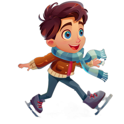 A cartoon-style boy ice skating, wearing casual  and scarf, full body shot with black background, 2D game art style, in the style of Disney Pixar animation, flat shading, bright colors, lively character illustrations, charming characters, high resolution, no outline on the edges of drawings. Isolated design asset.