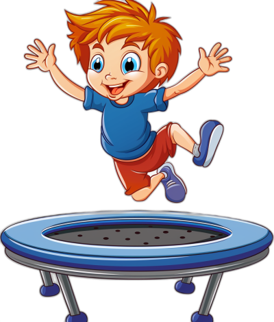 Little boy jumping on trampoline, cartoon illustration with black background