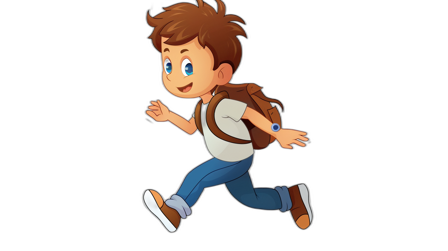 A cartoon character of an animated boy with brown hair, blue eyes, and wearing a white t-shirt and dark jeans running in the air on a black background. He is carrying a school bag on his back. The style should be in the style of Pixar or Disney animation.