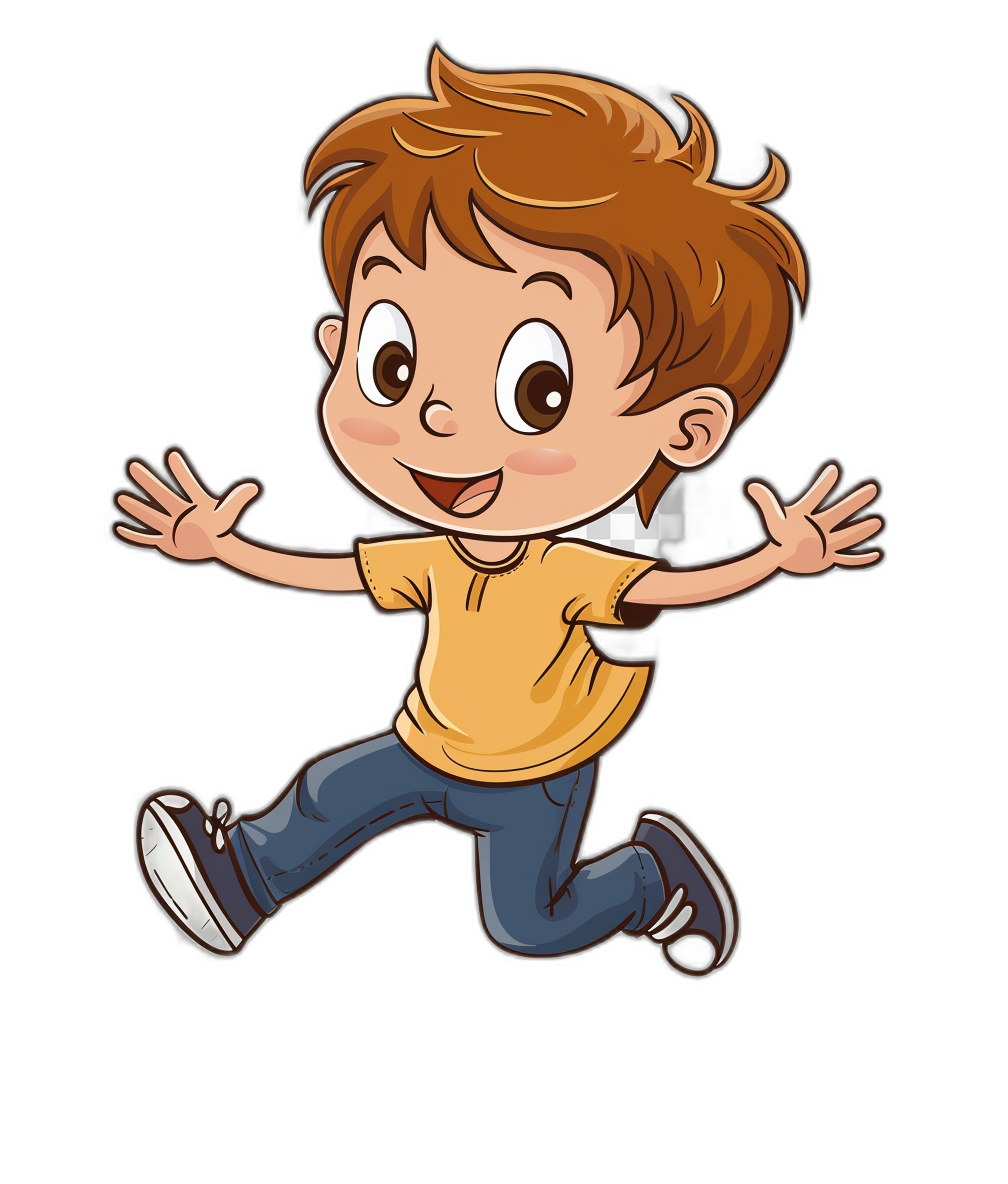 A cartoon illustration of a happy jumping boy in the style of clip art, isolated on a black background.