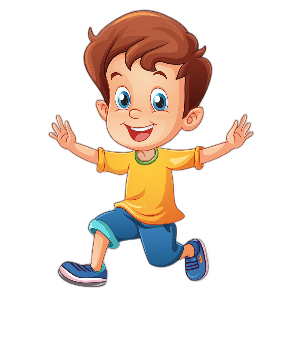 A cute cartoon boy running in the clip art style, isolated on a black background.