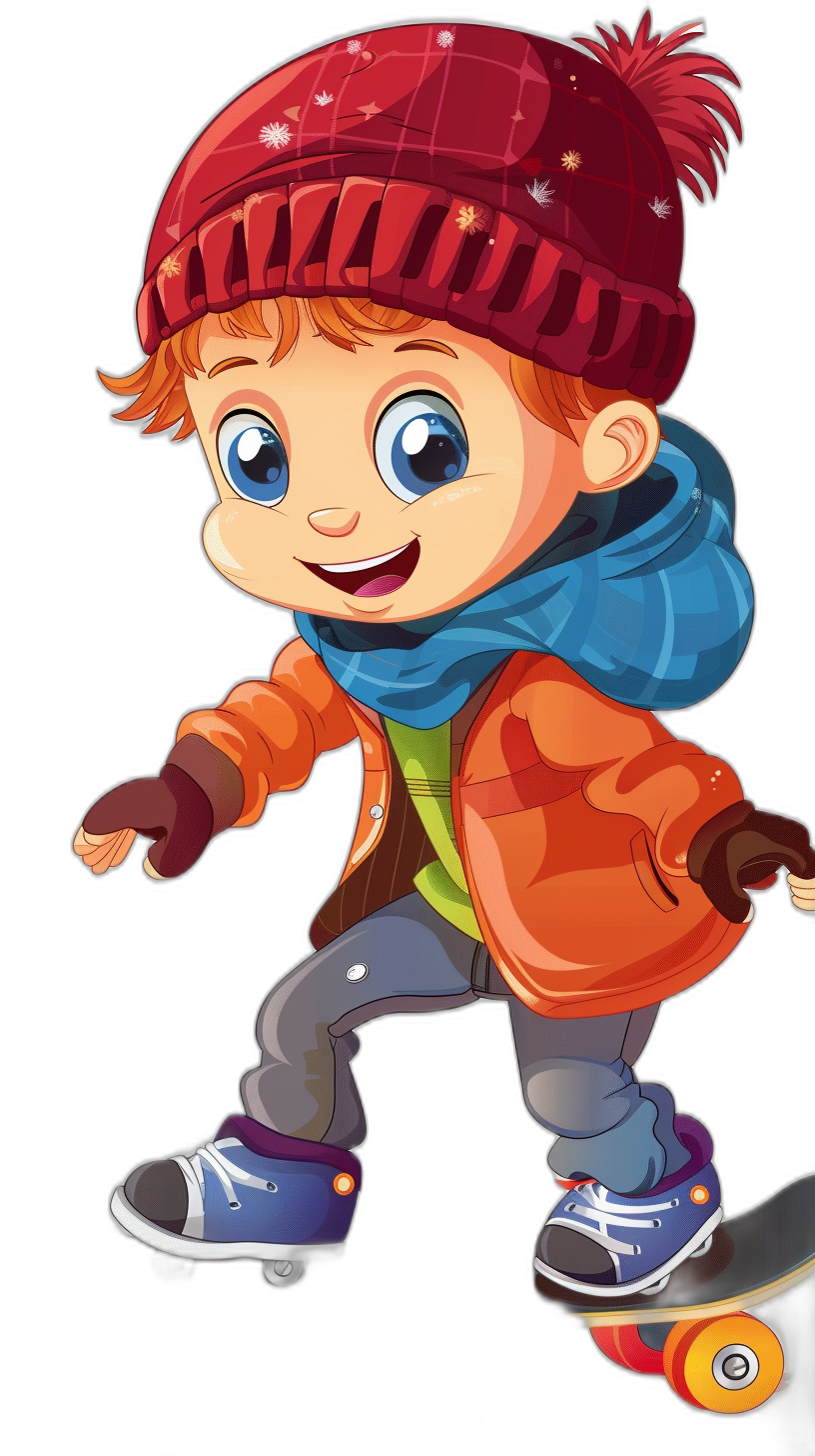 A cute cartoon boy is skating, wearing winter  and a hat with blue eyes against a black background. The flat illustration style uses simple lines and bright colors with high-definition details and best quality. The overall composition of the character should be symmetrical, with his right hand holding onto a skateboard while riding on it. He has big round eyes and wears a red hat. His coat features long sleeves and a hoodie. It is a full body portrait in the style of a flat illustration.