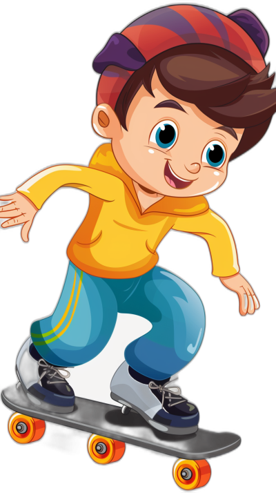 A cartoon boy riding on skateboard, wearing sportswear and cap, black background, colorful  style, bright colors, simple lines, cute expressions, lively movements.,,in