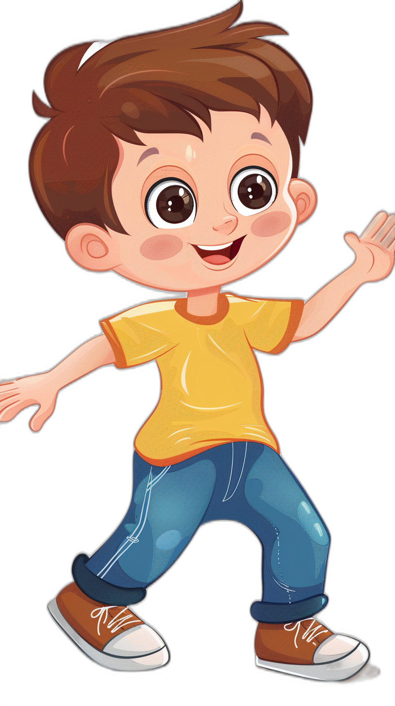 a cute cartoon of boy, brown hair and eyes with yellow t shirt blue jeans dancing on black background