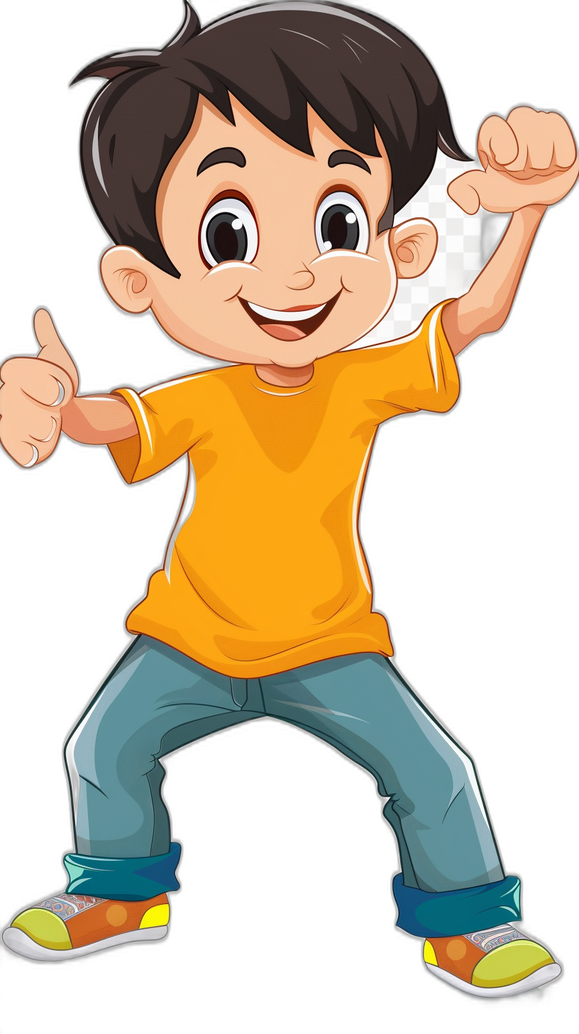 A cartoon boy doing a thumbs up pose, wearing a yellow t-shirt and blue jeans with black hair against a black background. A full body shot in the vector style. He is smiling. The vector illustration is in full color. He has short brown hair and big eyes. He appears happy. His hands have no fingers on his right hand. In one hand he holds an empty white paper sheet, perhaps for writing or drawing. It is an isolated object with no shadows behind the character. It should be a simple flat design in the style of flat colors. A very simple 2D illustration.