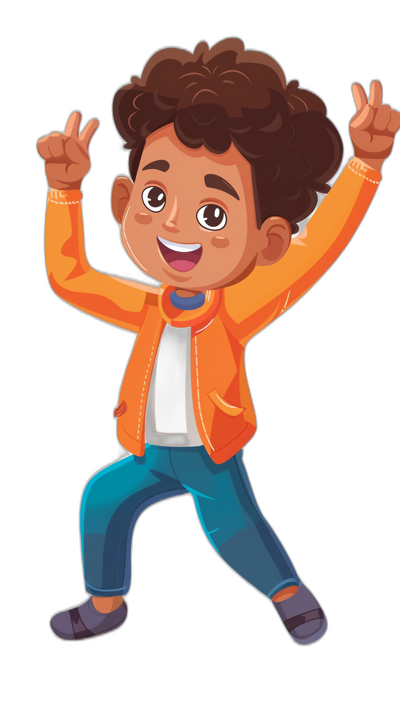 Cute cartoon character of an excited young boy with dark brown skin, short curly hair and wearing blue jeans and an orange jacket jumping up high on a black background.