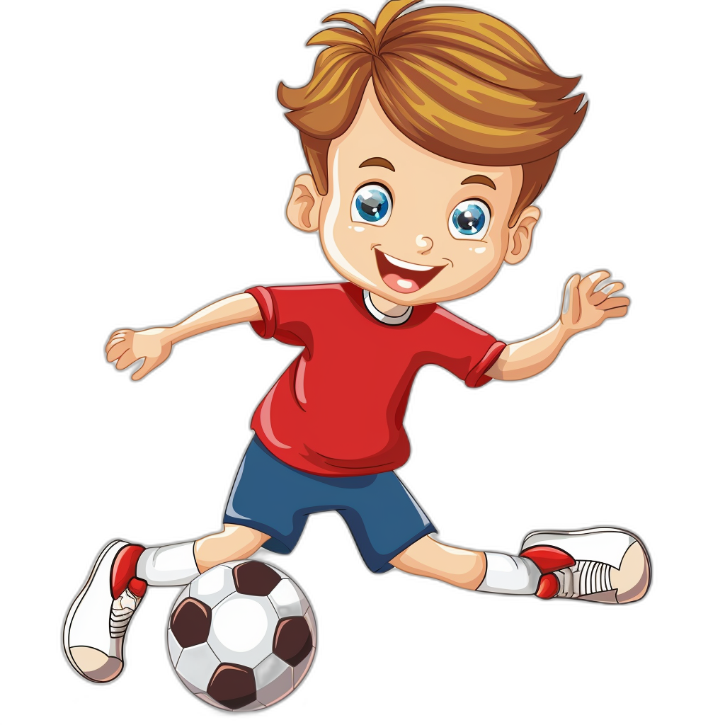 Cartoon style, vector illustration of a happy boy playing soccer on a black background. A cute cartoon child in a red t-shirt and blue shorts is kicking the ball while smiling happily. The character has big eyes with white eyelashes and brown hair. He wears sport shoes with pink laces. Black isolated background for easy cutout.