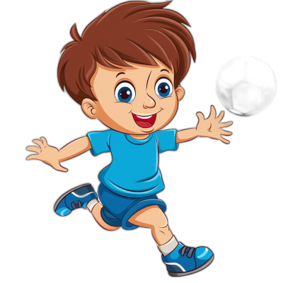 a cute cartoon of happy boy in blue t shirt and shorts playing soccer, black background, vector illustration for print on demand , no shadow, cute baby face with big eyes, brown hair