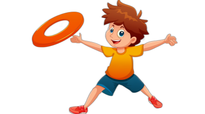 A cartoon boy is playing frisbee on a simple black background with a simple illustration style and flat design. He is wearing colorful  with an orange yellow T-shirt and red shoes, along with blue shorts on his lower body. The boy has a happy expression as he holds the frisbee ring in his hand and throws it forward with one arm raised, waiting for it to fly back towards him. The overall color scheme highlights vitality with a flat vector graphic style. The illustration is a UI minimalist design in the style of flat vector graphics at 8k resolution and the best quality.