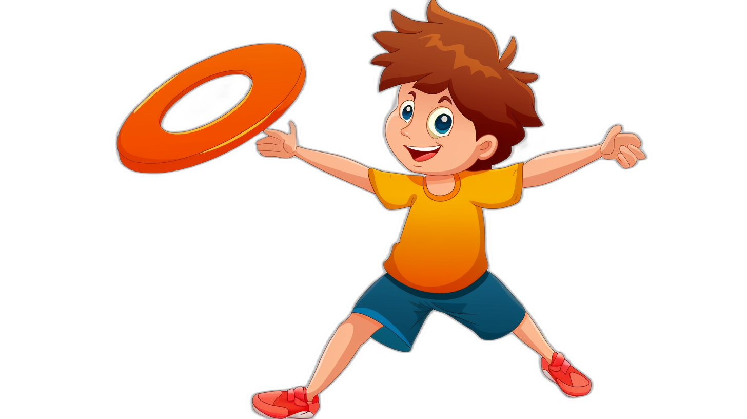 A cartoon boy is playing frisbee on a simple black background with a simple illustration style and flat design. He is wearing colorful  with an orange yellow T-shirt and red shoes, along with blue shorts on his lower body. The boy has a happy expression as he holds the frisbee ring in his hand and throws it forward with one arm raised, waiting for it to fly back towards him. The overall color scheme highlights vitality with a flat vector graphic style. The illustration is a UI minimalist design in the style of flat vector graphics at 8k resolution and the best quality.