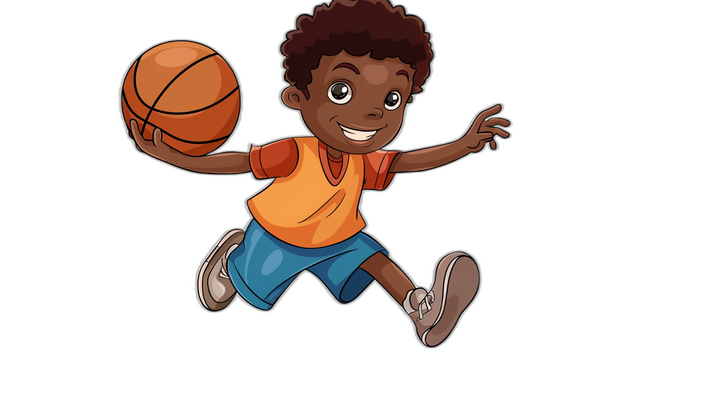 Cartoon style, African American boy playing basketball with ball in hand jumping towards camera smiling on black background