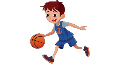 A cartoon boy playing basketball, with simple facial expressions and a black background, wearing a blue jersey with orange details on the chest and dark purple shoes, holding a ball in his hand while running forward. The overall color scheme is bright, with a simple style that highlights his vitality. The drawing is in the style of a simple cartoon.