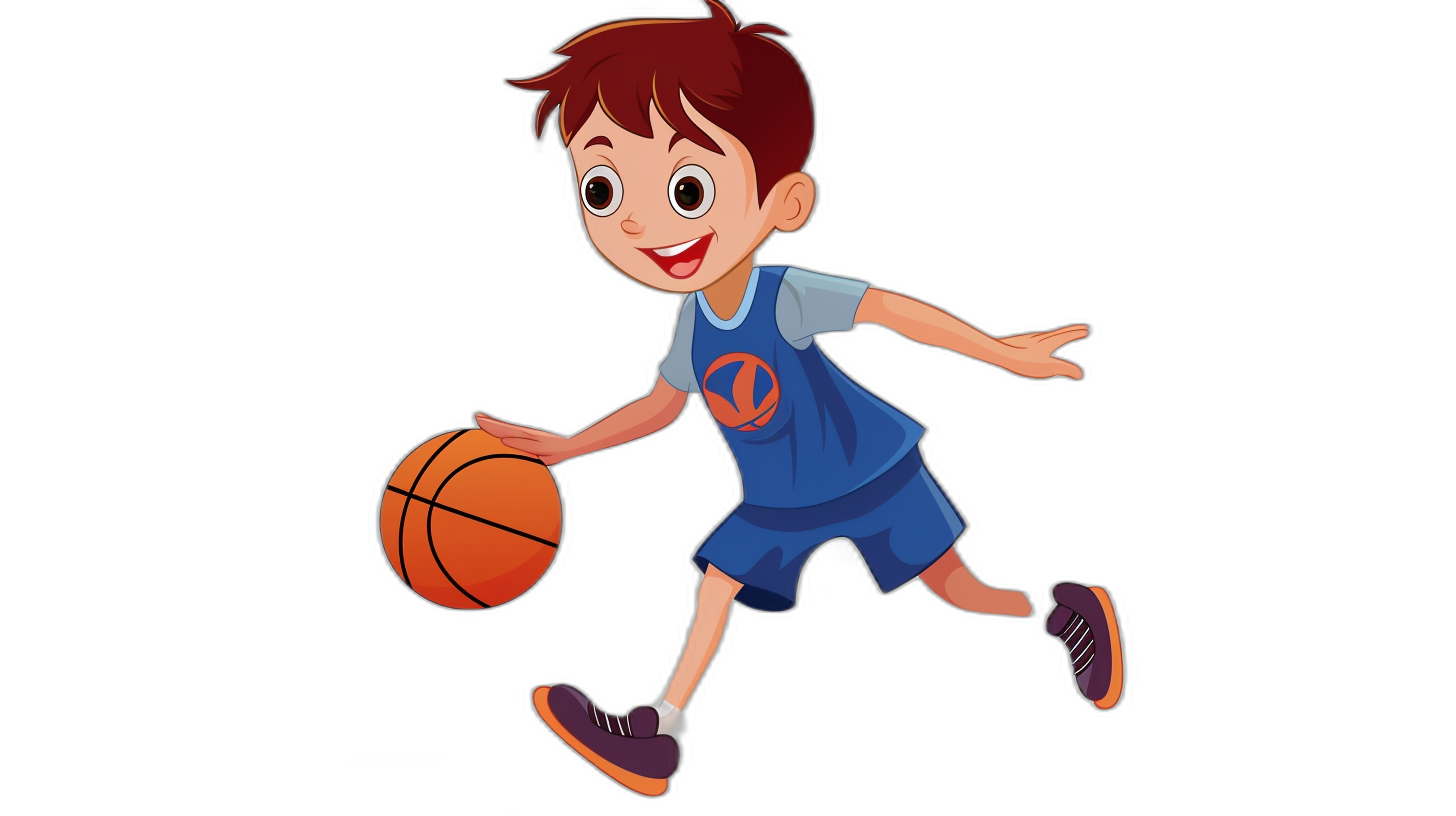 A cartoon boy playing basketball, with simple facial expressions and a black background, wearing a blue jersey with orange details on the chest and dark purple shoes, holding a ball in his hand while running forward. The overall color scheme is bright, with a simple style that highlights his vitality. The drawing is in the style of a simple cartoon.