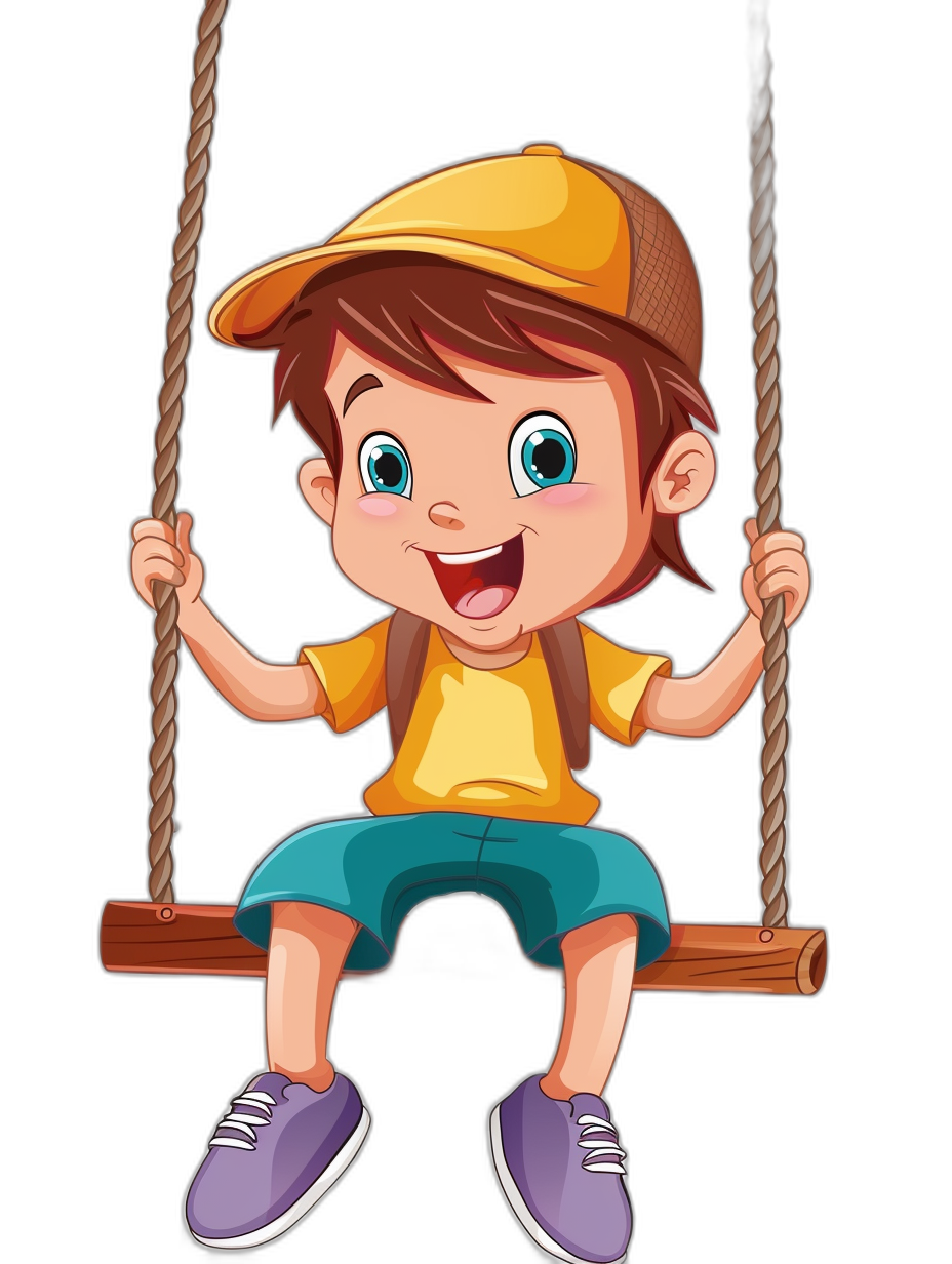 Little boy sitting on the swing, happy expression, flat illustration style, simple and cute cartoon character design with black background. The little man is wearing yellow short sleeves, blue shorts, purple shoes, brown cap hat, holding onto two ropes of wooden school playground swings, smiling happily. Bright colors highlight his cheerful mood.,,,in