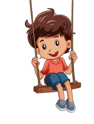 A cute cartoon happy boy sitting on the swing in the style of clip art style on an isolated black background.