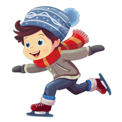 A cute cartoon boy is ice skating, wearing winter  and gloves in a flat illustration style with a black background. He wears a blue hat on his head, a red scarf around his neck, a gray jacket over the top of that and dark pants underneath it. The figure has big eyes and a smiling mouth expression. They wear brown boots on their feet. A small pair of skates is at the bottom left corner of the shoes to help him run fast. It is a colorful vector art illustration in a simple line drawing and flat color style.