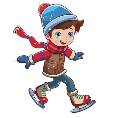 A cute cartoon of a boy ice skating with winter  on, in the clip art style, isolated against a black background.