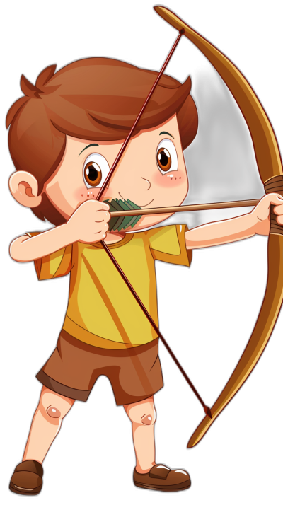 a cartoon illustration of an archer boy, brown hair with bowl cut and big eyes wearing yellow shirt and dark shorts holding bow and arrow aiming at target isolated on black background