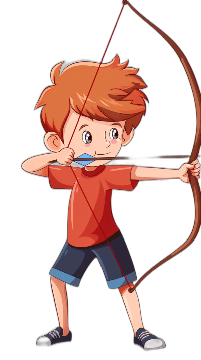 Cute cartoon style boy shooting a bow and arrow in the style of vector illustration on a black background