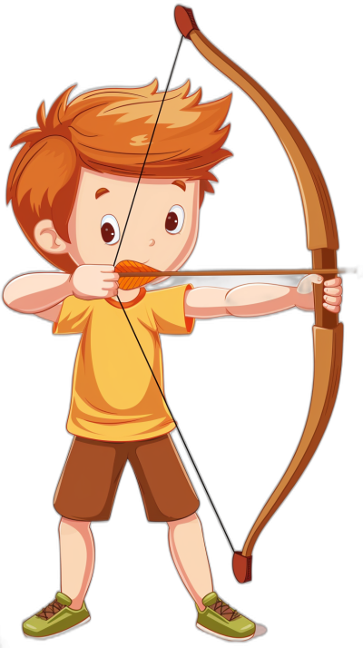 A cartoon style illustration of an archer boy with ginger hair and mustache, wearing brown shorts and a yellow t-shirt, shooting a bow in the style of isolated on a black background.