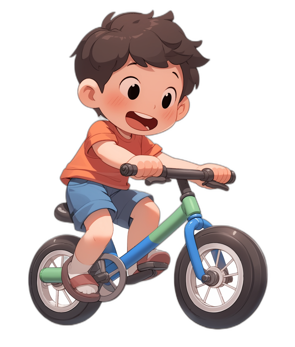 A cute cartoon boy riding his bike, smiling and happy, with short black hair and brown eyes, wearing an orange t-shirt and blue shorts. The background is solid black to emphasize the character. He has large round ears that have been drawn with high resolution detail. In the style of [Studio Ghibli](https://goo.gl/search?artist%20Studio%20Ghibli) animation, this depiction captures the essence of anime artistry and focus on the face.