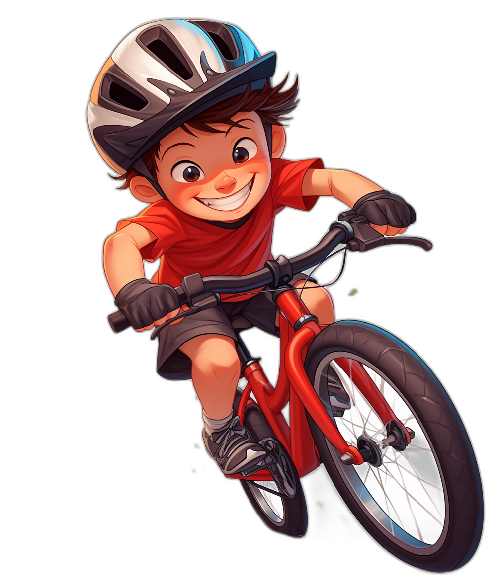 A cute cartoon boy riding his bike, wearing helmet and red t-shirt, black background, high resolution, hyper realistic, digital art, colorful