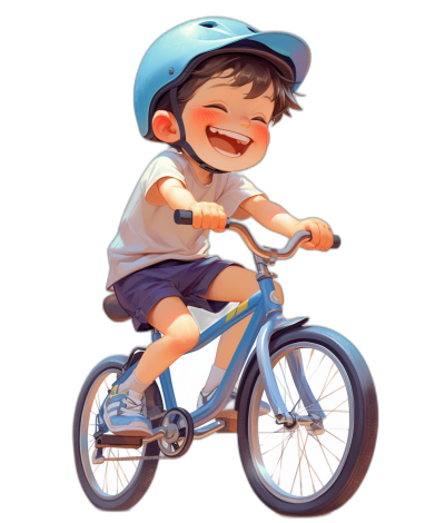 A cute little boy is riding his bike, smiling happily with an open mouth and wearing shorts and a blue helmet on a black background, in the 2D game art style, with cartoon realism, bold character designs, and high resolution.