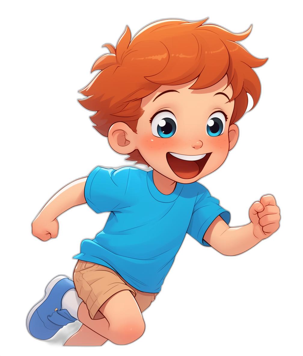 Illustration of a happy boy with a blue t-shirt and brown shorts running and smiling. He has red hair and big eyes in the style of a cartoon on a black background.