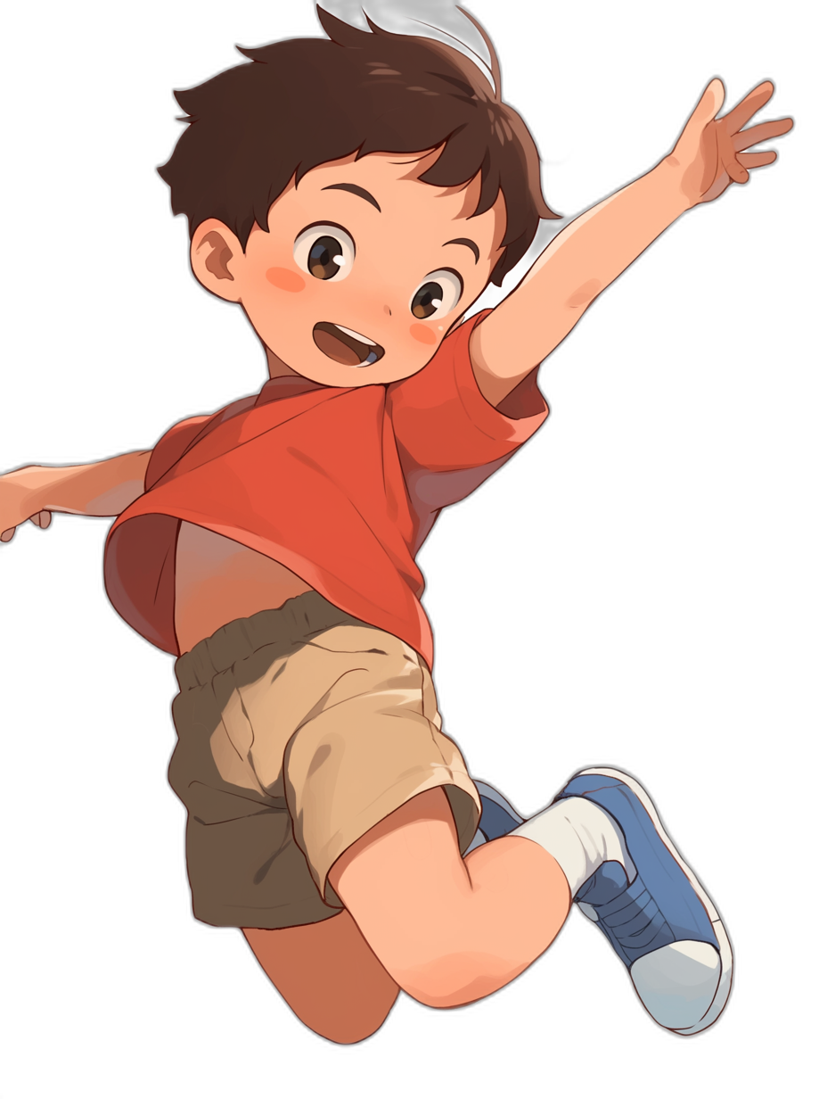 A cute boy is jumping in the air, smiling and looking at you with his eyes wide open. He has short brown hair, white skin, blue shoes on his feet, a red t-shirt and beige shorts. Black background. In the style of [Studio Ghibli](https://goo.gl/search?artist%20Studio%20Ghibli).