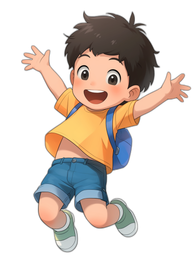 A cute little boy, jumping with joy in the style of anime character design, wearing a yellow t-shirt and blue shorts, has black hair, brown eyes, white skin tone, smiling with a happy expression, carrying a school bag on his back against a black background in a full body shot at high resolution and high quality.