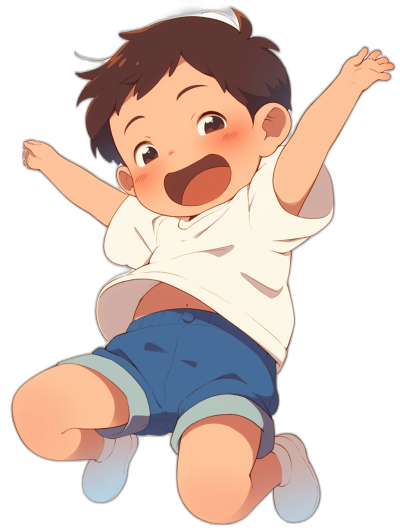 A cute baby boy is jumping, wearing white short sleeves and a blue shorts with brown hair. The background color of the illustration should be black to highlight his body shape. He has an excited expression on his face. The overall atmosphere will feel lively and happy. It's a simple yet colorful design that makes people smile. In the style of anime cartoon and [Studio Ghibli](https://goo.gl/search?artist%20Studio%20Ghibli) character.