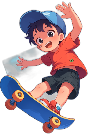 A cute boy is riding on a skateboard, wearing a blue cap and a red T-shirt with black shorts. He has short hair in an orange color scheme. He's happy to do his first trick. The background of this illustration is pure black. It was drawn in the style of hand using digital techniques. Anime cartoon style.