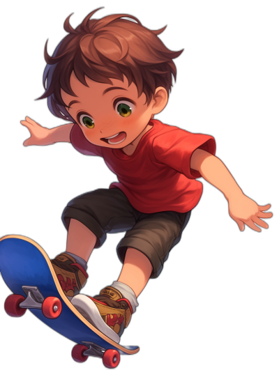 A cute cartoon boy with brown hair and green eyes is skateboarding, wearing a red short-sleeved shirt, black shorts, sneakers on his feet, against a black background, in the anime style, at a high resolution.