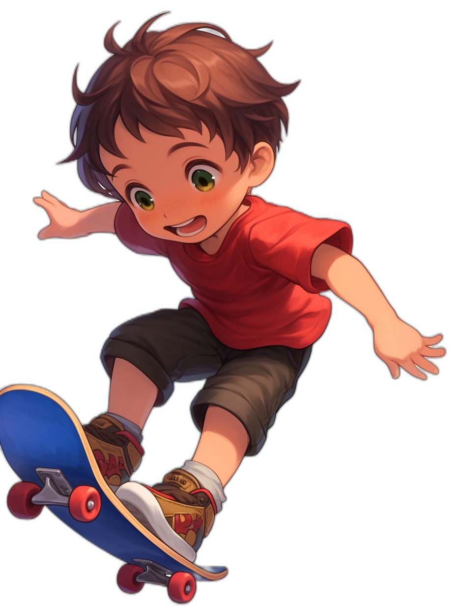 A cute cartoon boy with brown hair and green eyes is skateboarding, wearing a red short-sleeved shirt, black shorts, sneakers on his feet, against a black background, in the anime style, at a high resolution.