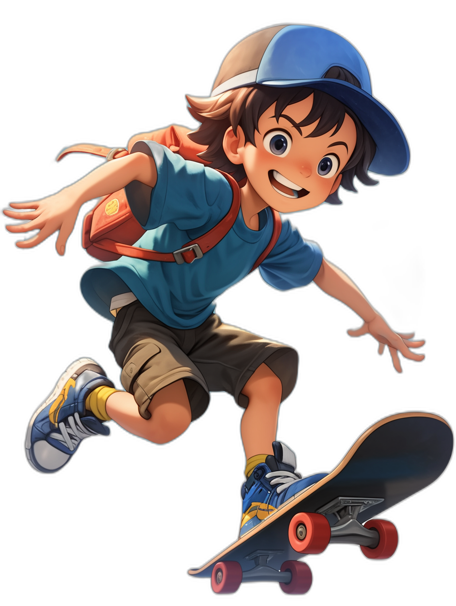 A boy in a blue shirt, cap and shorts is skateboarding with a smiling expression in the style of Pixar studio’s character design and anime style on a black background as a full body concept art.