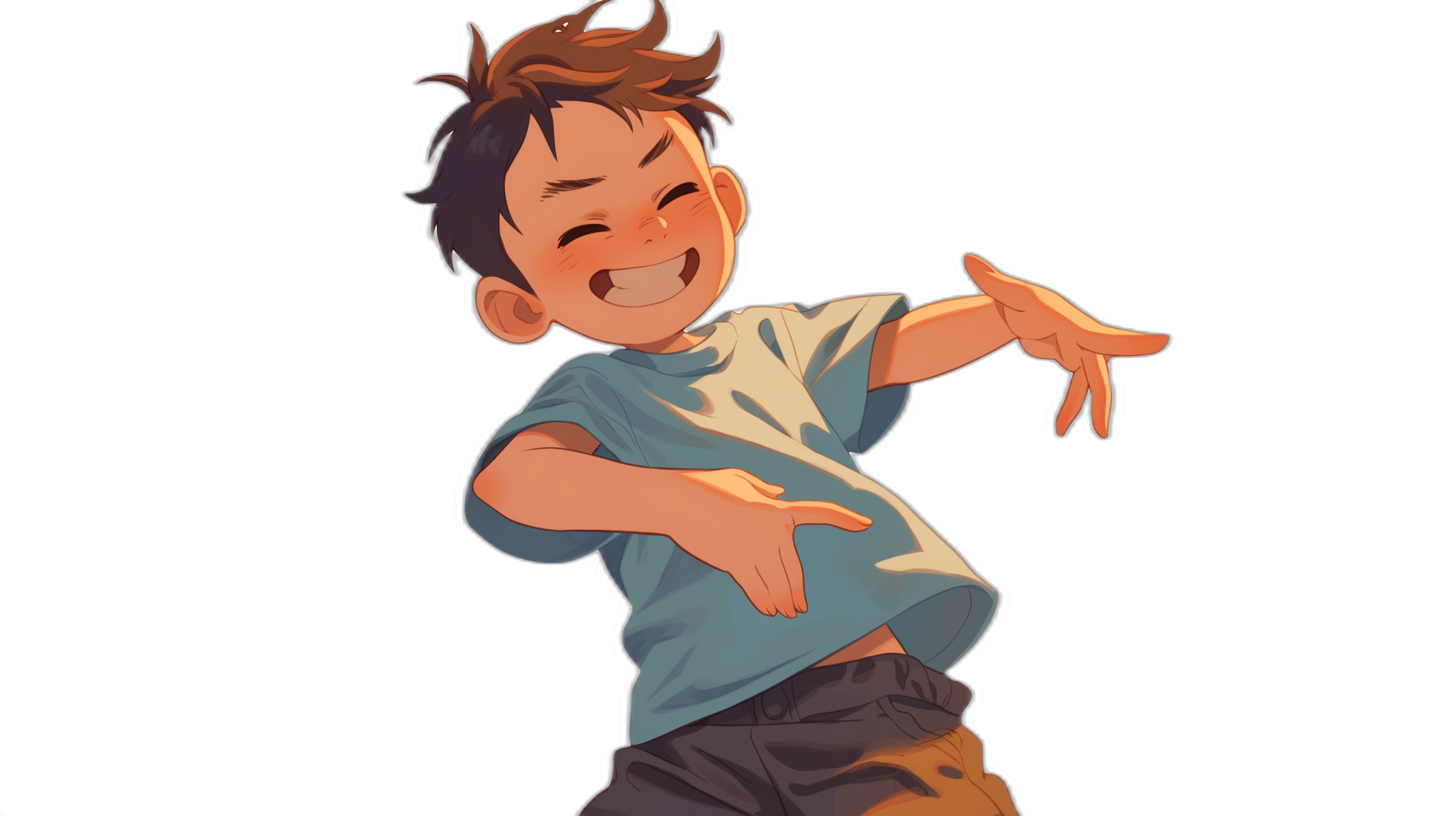 A cute boy is dancing and smiling happily with his hands raised to the sky. He is wearing short sleeves and shorts on a black background. The illustration style should be in the style of anime. It is an animated character in a full-body shot. I would like it to have a cartoon-like feel and exude cuteness.